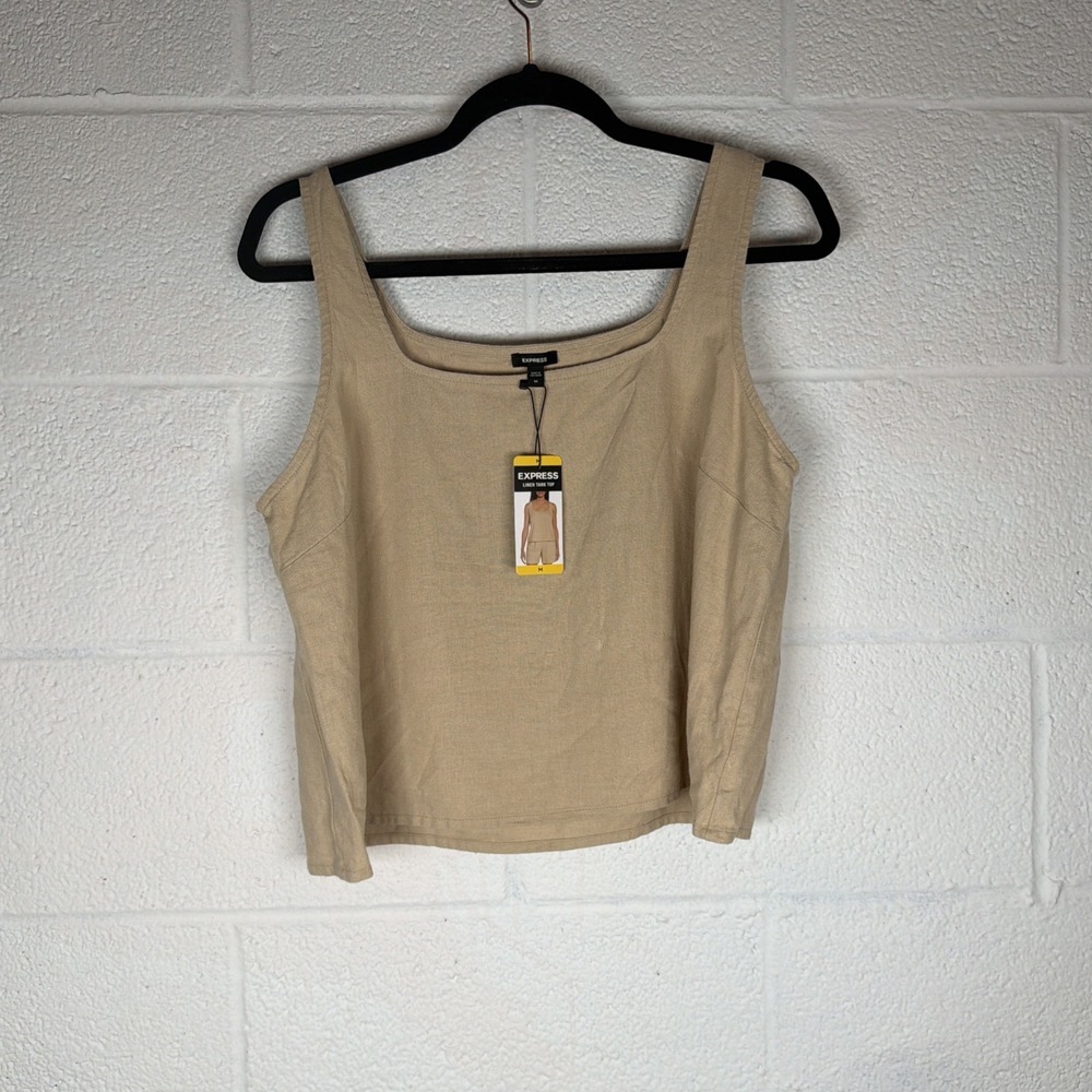 Express Linen Blend Tank Top Tan Beige Square Neck Sleeveless NWT Women's Medium